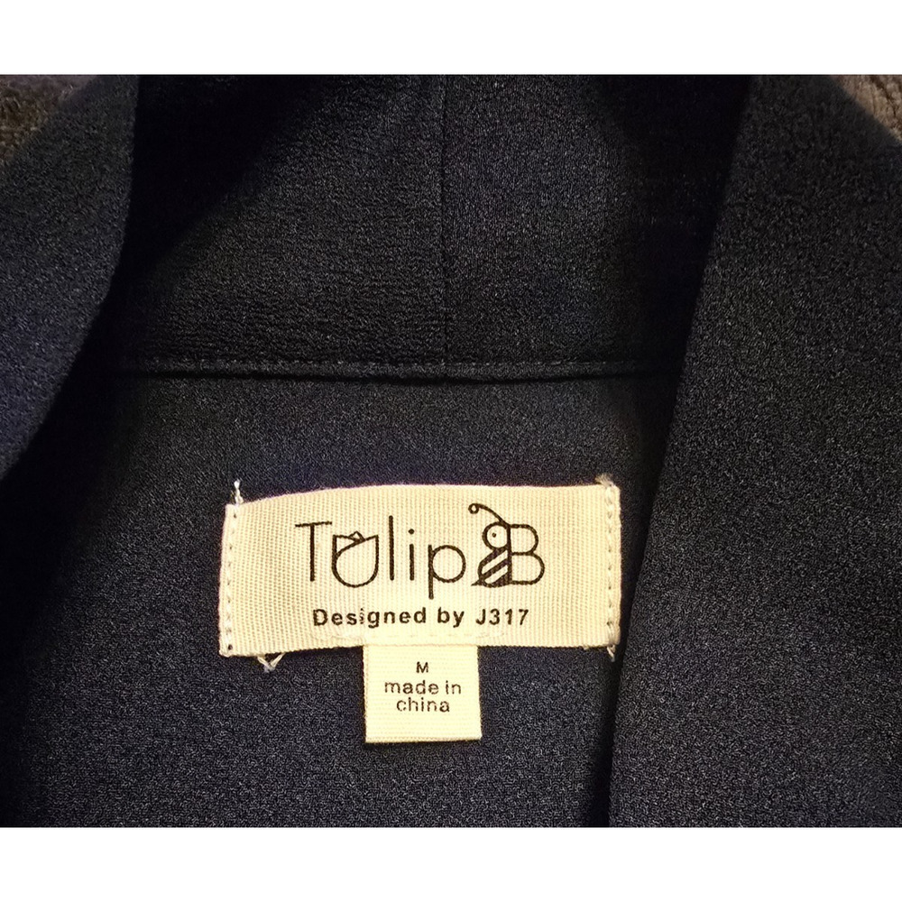 Tulip B Medium Navy Tie Neck Blouse Puff Sleeve Covered Button Front - Picture 4 of 7